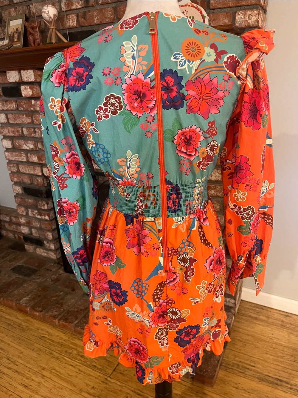 Misa Hylton for INC Orange & Teal Floral V-Neck Mini Dress with Waist Smocking - Picture 6 of 7